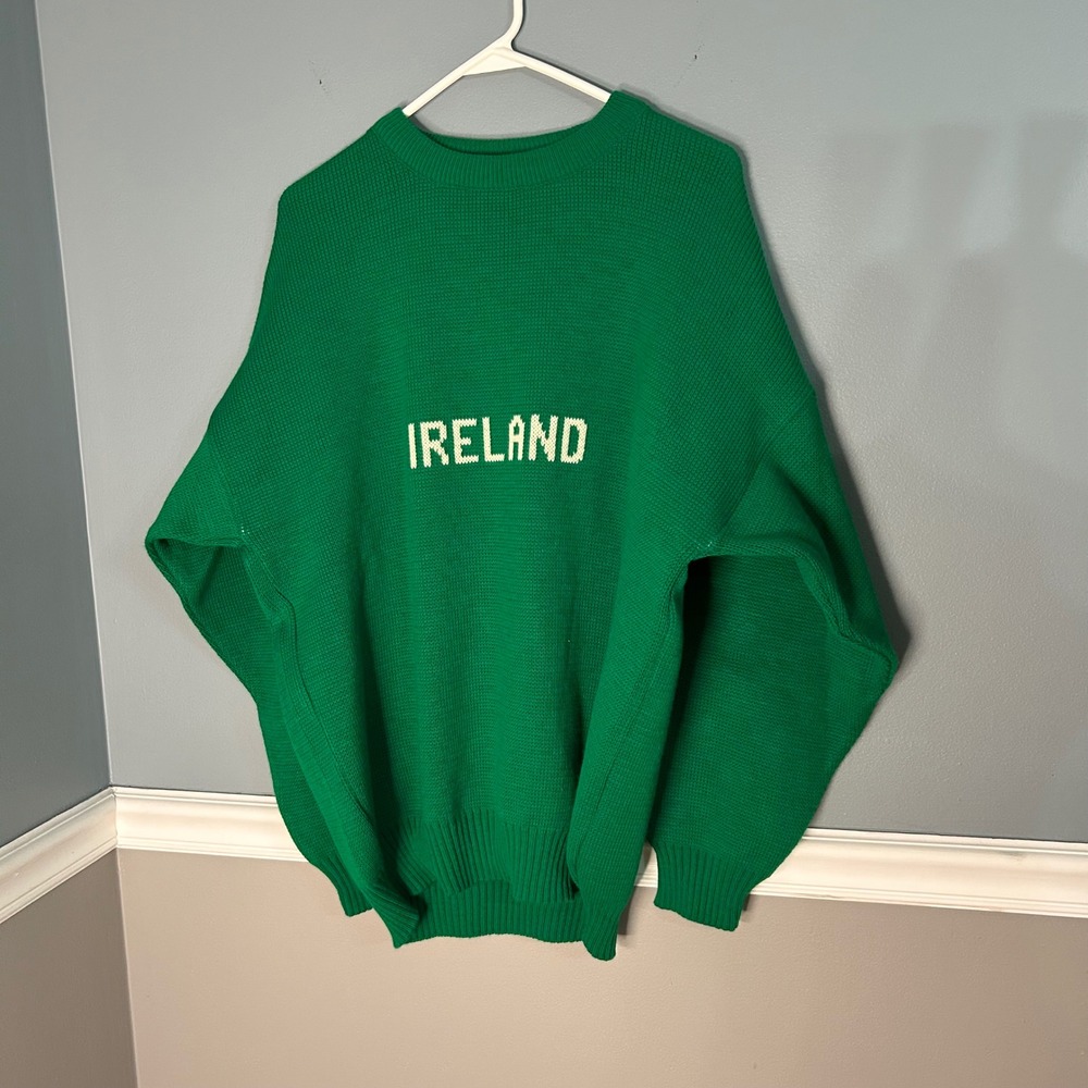 Vintage Emerald Sports Ireland Green Knit Sweater Mens L Made in Ireland Irish